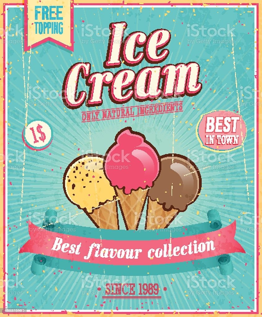 ice cream poster with pink, minty green/blue and crewmy white